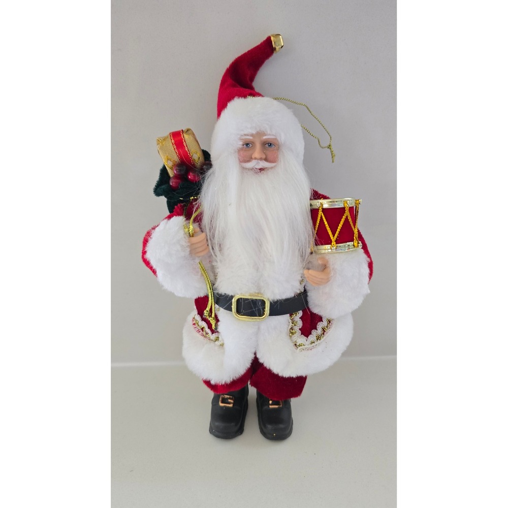 New Traditional Santa Claus Figurine Red Velvet Suit with Drum and Toy Sack
